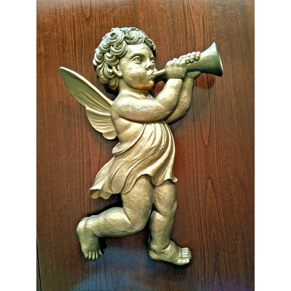 Large Cherub Cupid Angel 16" Wall Hanging Decor 1960s Gold Gilded Dart 1963 MCM